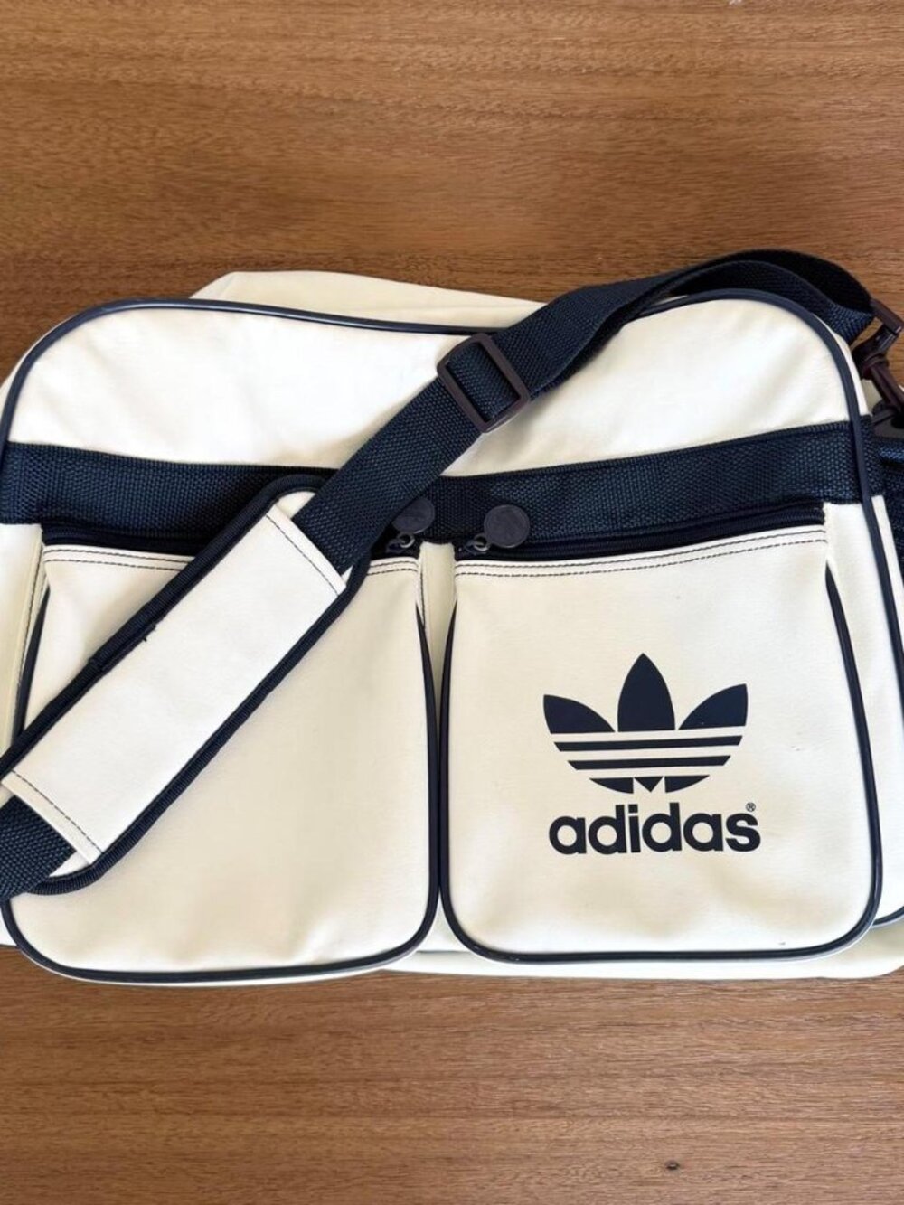 Vintage Adidas Trefoil Cream Navy Shoulder Duffel